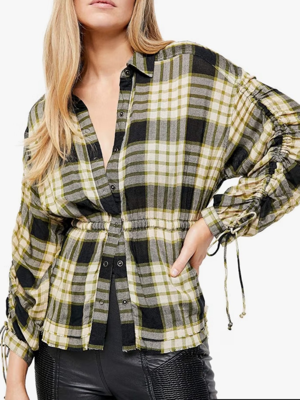 We The Free Plaid Ruched Sleeve Button Up Top Green & Black Bow Tie Back Fall